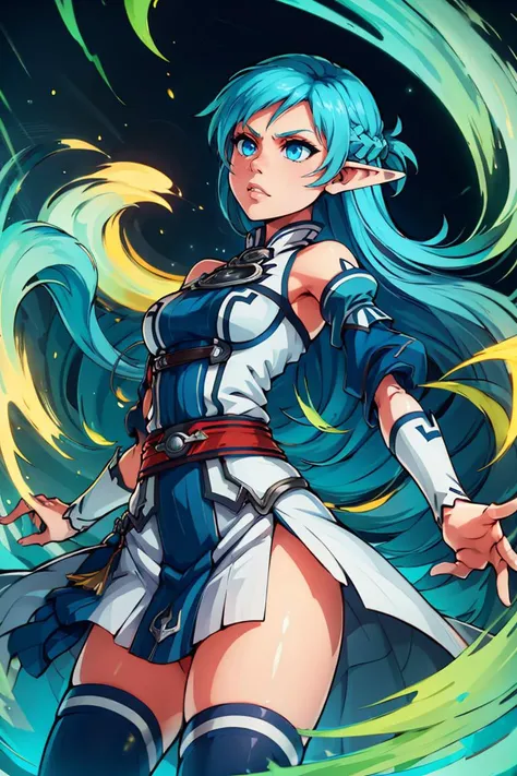 <lora:Aura_v1:0.6>, Aura, energy, glowing,swirling energy, dynamic pose,((masterpiece,best quality)), bbasuna, long hair, blue hair, blue eyes, pointy ears, white dress, detached sleeves, blue thighhighs, <lora:asuna_(sao)_v1:0.7>, cowboy shot