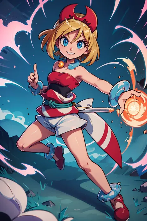 <lora:Aura_v1:0.6>, Aura, energy, glowing,swirling energy, dynamic pose, ((masterpiece,best quality)), absurdres, <lora:irida_(pokemon)_v1:0.7>, aairida, short hair, red hairband, neck ring, collar, strapless shirt, red shirt, bracelet, sash, waist cape, white shorts, bare legs, solo, smiling, looking at viewer, cowboy shot, ,