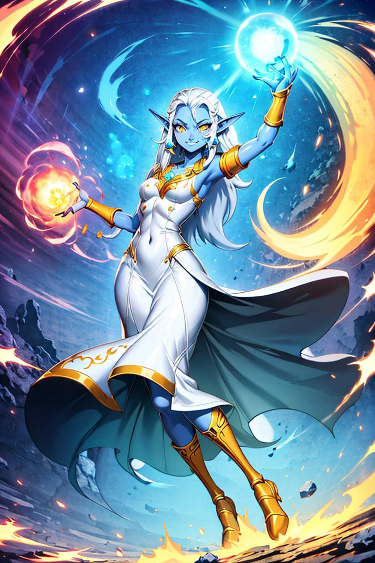 <lora:Aura_v1:0.6>, Aura, energy, glowing,swirling energy, dynamic pose,
<lora:Genzoman_Style_Dim64:0.6>,((masterpiece,best quality)), 1girl, perfect face, Azshara, elf ears, long ears, white hair, long hair, long brows, colored skin, blue skin, grey skin, yellow eyes, jewelry, white dress, <lora:Queen_Azshara_ElfWorld_of_Warcraft:0.8>, solo, smiling, looking at viewer, cowboy shot,