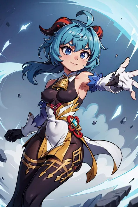 <lora:Aura_v1:0.6>, Aura, energy, glowing,swirling energy, dynamic pose, ((masterpiece,best quality)), absurdres, <lora:ganyu_v1:0.7>, aaganyu, long hair, low ponytail, ahoge, horns, bare shoulders, neck bell, bodystocking, white dress, gold trim, flower knot, detached sleeves, black gloves, pelvic curtain, thighlet, pantyhose, cowboy shot, smile,