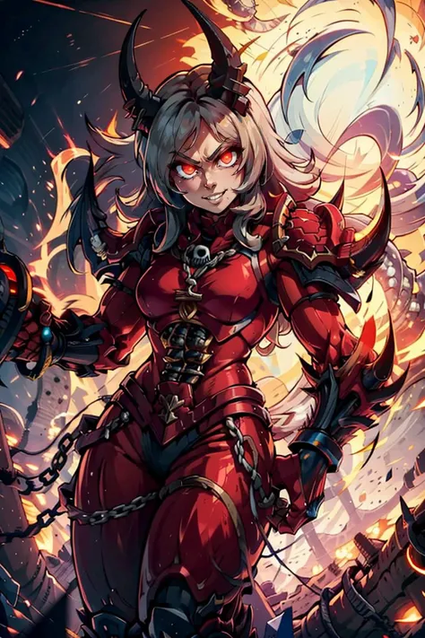 Khorne's daughter,
<lora:Aura_v1:0.6>, Aura, energy, glowing,swirling energy, dynamic pose,
((masterpiece,best quality)),
<lora:Khorne_World:0.7>,
Khorne_World, (skulls), chain, spikes,
1girl, long hair, looking at viewer, smile, smug, teeth, glowing red eyes, horns,
red glow, red theme, fire,
shoulder armor, gauntlets, glowing eyes, pauldrons, full armor, demon,