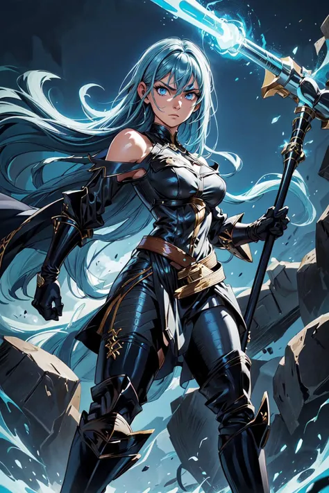 thick outlines, comics, photorealistic, 1girl, solo, big polearm, shield, <lora:Aura_v1:0.3>, aura, blue aura, energy, glowing,swirling energy, <lora:selvaria-nvwls-v1-final:0.6>, selvaria, black shirt, bare shoulders, detached sleeves, belt, black pants, black gloves, high heel boots, detailed background, detailed face, detailed eyes, <lora:add_detail:0.7>
