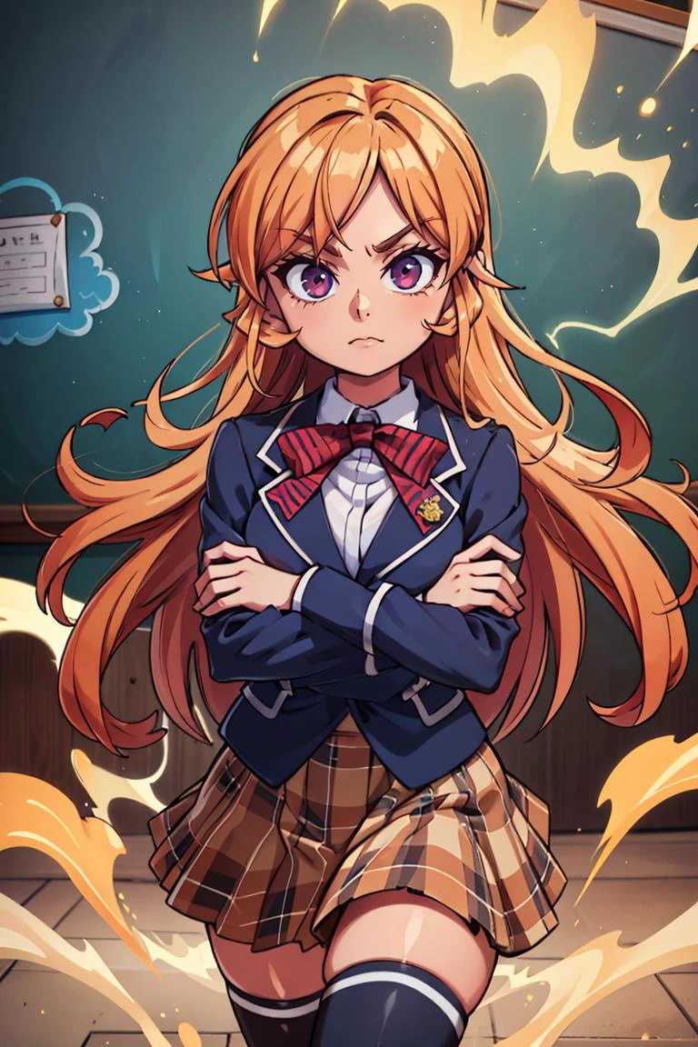 <lora:Aura_v1:0.6>, Aura, energy, glowing,swirling energy, dynamic pose, masterpiece, best quality, highres, aaerina, long hair, red bow, striped bow, blazer, blue jacket, long sleeves, plaid skirt, brown skirt, black thighhighs, <lora:nakiri_erina_v1:0.7>, crossed arms, indoors, classroom