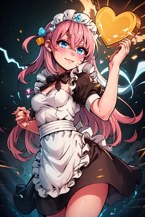 <lora:Aura_v1:0.6>, Aura, energy, glowing,swirling energy, dynamic pose,((masterpiece,best quality)), gotou1, gotou hitori, solo, bangs, hair between eyes, short sleeves, maid, maid headdress, medium breasts, <lora:gotou_hitori_v1:0.7>, standing, restaurant, heart, heart hands, smile, blush, cowboy shot,