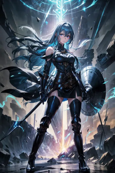 thick outlines, comics, photorealistic, 1girl, solo, big polearm, shield, <lora:Aura_v1:0.3>, aura, blue aura, energy, glowing,swirling energy, <lora:selvaria-nvwls-v1-final:0.6>, selvaria, black shirt, bare shoulders, detached sleeves, belt, black pants, black gloves, high heel boots, detailed background, detailed face, detailed eyes, <lora:add_detail:0.7>