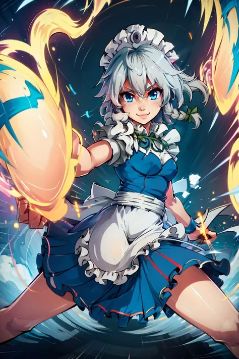 <lora:Aura_v1:0.6>, Aura, energy, glowing,swirling energy, dynamic pose,((masterpiece,best quality)), 1girl, solo, sakuya1, <lora:izayoi_sakuya_v1:0.8>, maid, apon, greyt hair, medium breasts, smile,