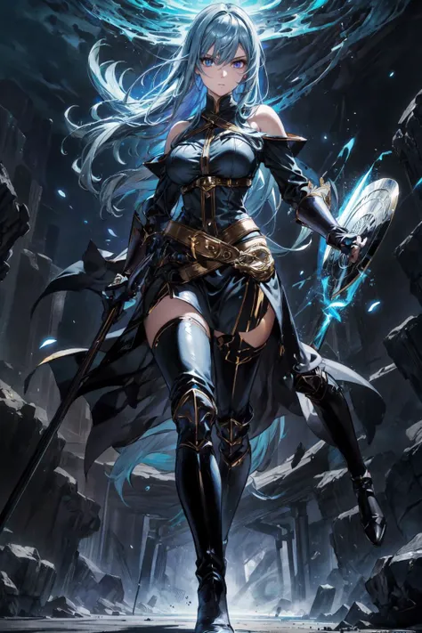 (((masterpiece, best quality, high detailed, 8k))) Design a layout showcase Gaming character, (1girl). Silver|Blue clothes, stylish and unique. ((showcase weapon:1.4)), lightning rod. (masterpiece:1.2), (best quality), 4k, ultra-detailed. (Step by step design, layout art:1.5), (luminous lighting, atmospheric lighting). storm mage, ((glove full hands)), (((revealing clothes:1.3))), vambraces, armored legwear, (((full_body_shot:1.4))). {During a thunderstorm}.