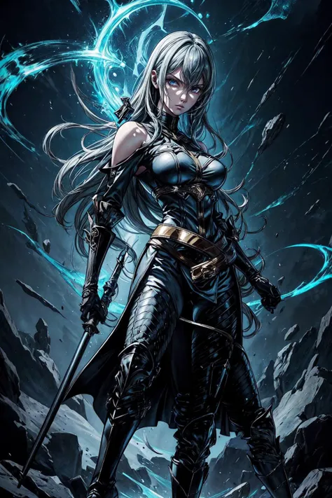 thick outlines, comics, photorealistic, 1girl, solo, big polearm, shield, <lora:Aura_v1:0.3>, aura, blue aura, energy, glowing,swirling energy, <lora:selvaria-nvwls-v1-final:0.6>, selvaria, black shirt, bare shoulders, detached sleeves, belt, black pants, black gloves, high heel boots, detailed background, detailed face, detailed eyes, <lora:add_detail:0.7>