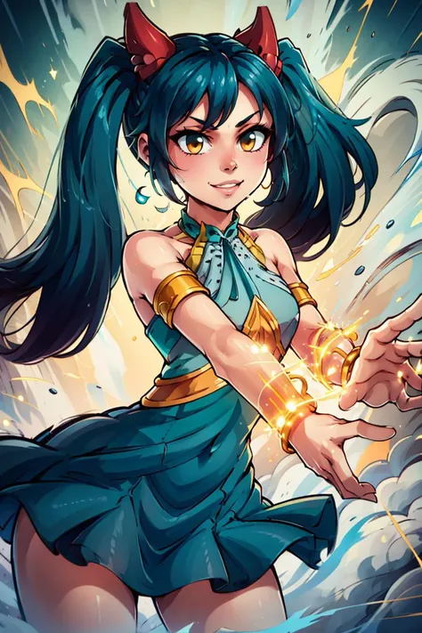 <lora:Aura_v1:0.6>, Aura, energy, glowing,swirling energy, dynamic pose,((masterpiece,best quality)), aawendy, long hair, twintails, hair ornament, bare shoulders, green dress, sleeveless dress, armlet, bracelet, <lora:wendy_marvell_v1:0.7>, cowboy shot, smile,