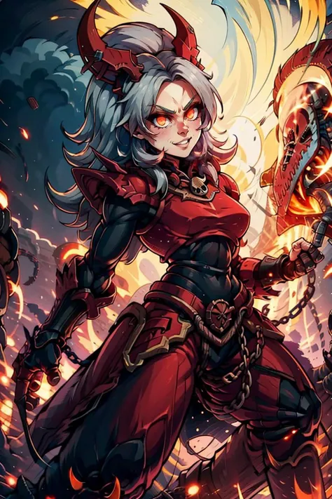 Khorne's daughter,
<lora:Aura_v1:0.6>, Aura, energy, glowing,swirling energy, dynamic pose,
((masterpiece,best quality)),
<lora:Khorne_World:0.7>,
Khorne_World, (skulls), chain, spikes,
1girl, long hair, looking at viewer, smile, smug, teeth, glowing red eyes, horns,
red glow, red theme, fire,
shoulder armor, gauntlets, glowing eyes, pauldrons, full armor, demon,