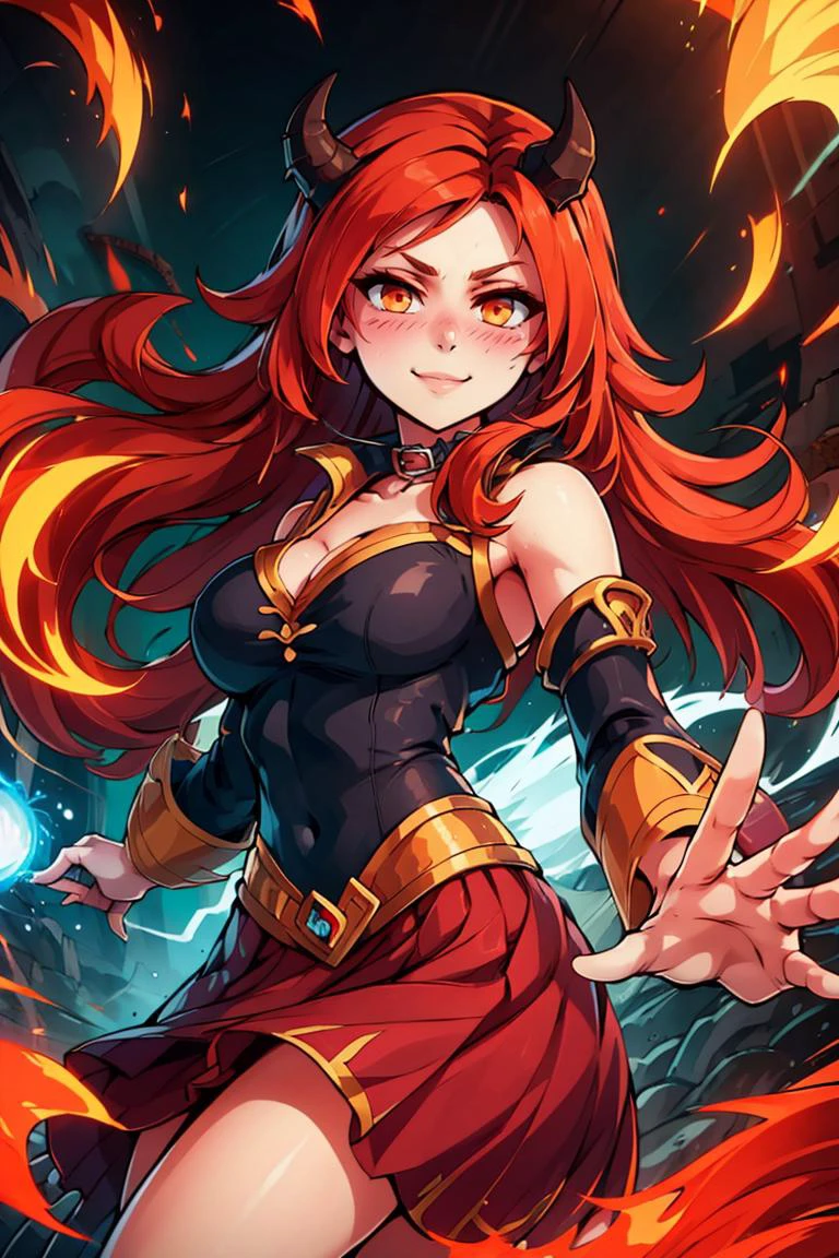 <lora:Aura_v1:0.6>, Aura, energy, glowing,swirling energy, dynamic pose,((masterpiece,best quality)), tania, KizukiAi, dragon girl, dragon horns, red hair, orange eyes, large breasts, long hair, collar, white top, long red skirt, detached sleeves, looking at viewer, oudoors, tavern, (blush:1.1), (smile:1.2), <lora:Kizuki - Beast Tamer â Tania:1>
