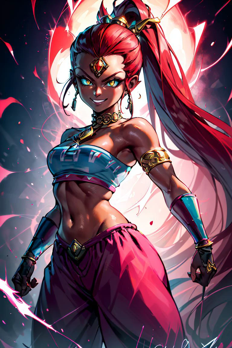 <lora:Aura_v1:0.6>, Aura, energy, glowing,swirling energy, dynamic pose, ((masterpiece,best quality)), absurdres, <lora:Nabooru_Zelda:0.7>, Nabooru_Zelda, pants, dark skin, red hair, long pony tail, solo, smiling, smug, looking at viewer, cowboy shot,
