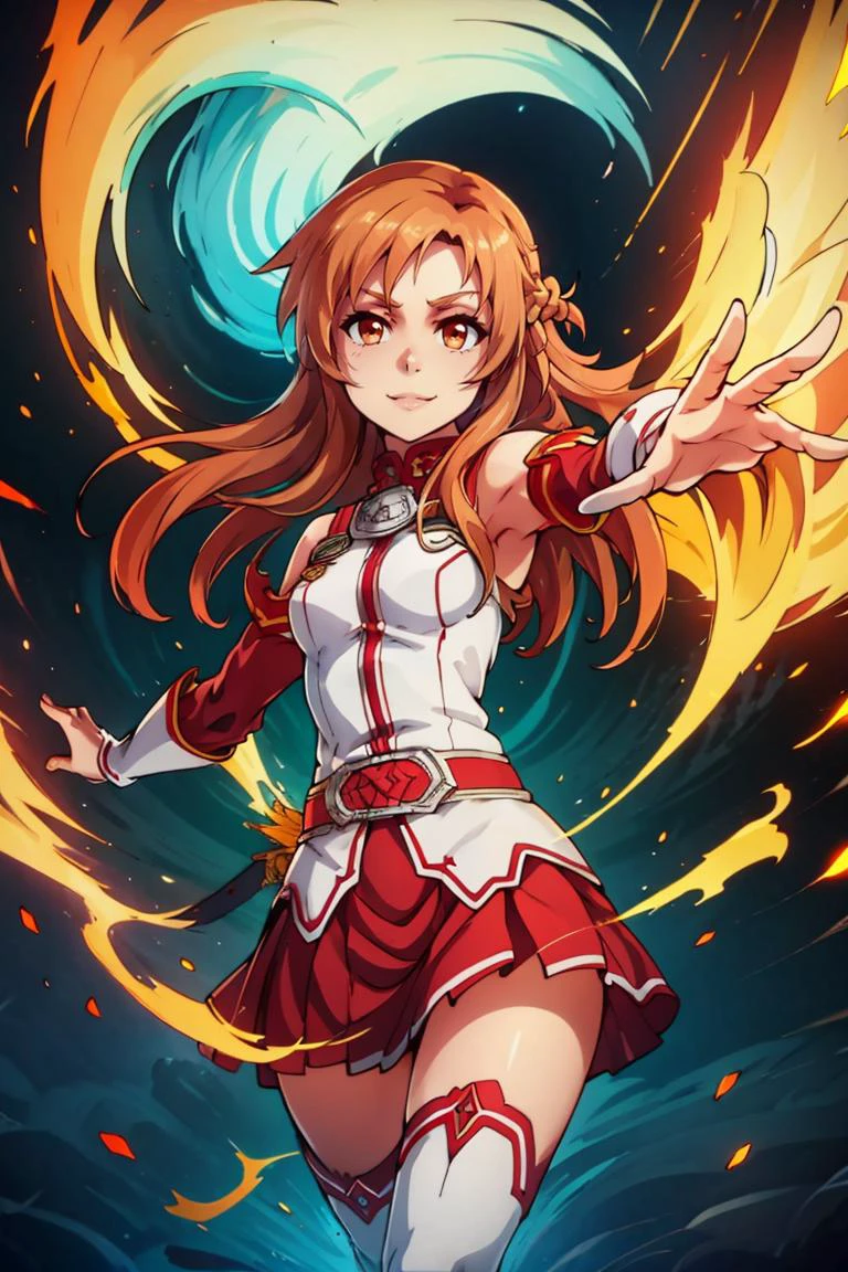 <lora:Aura_v1:0.6>, Aura, energy, glowing,swirling energy, dynamic pose,((masterpiece,best quality)), yuuki asuna, brown hair, brown eyes, medium breasts, long hair, braid, kotbo, white gloves, white uniform, white boots, red skirt, red straps, looking at viewer, cowboy shot,, smile, <lora:Kizuki - Sword Art Online - Yuuki Asuna:0.9>