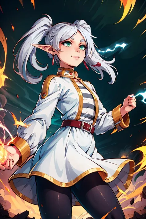 <lora:Aura_v1:0.6>, Aura, energy, glowing,swirling energy, dynamic pose,((masterpiece,best quality)), aafrie, long hair, white hair, twintails, pointy ears, earrings, green eyes, thick eyebrows, white capelet, striped shirt, long sleeves, belt, white skirt, black pantyhose , <lora:frieren_v1:0.7>, cowboy shot,smile,