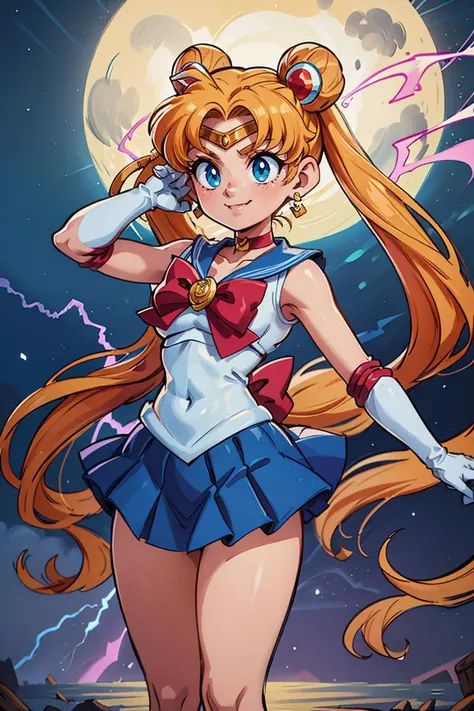 <lora:Aura_v1:0.6>, Aura, energy, glowing,swirling energy, dynamic pose, masterpiece, best quality, highres, 1girl, aausagi, double bun, twintails, parted bangs, circlet, jewelry, earrings, choker, red bow, white gloves, elbow gloves, blue skirt, <lora:sailor_moon_v1:0.7>, standing, cowboy shot, night, outdoors, moon, smile