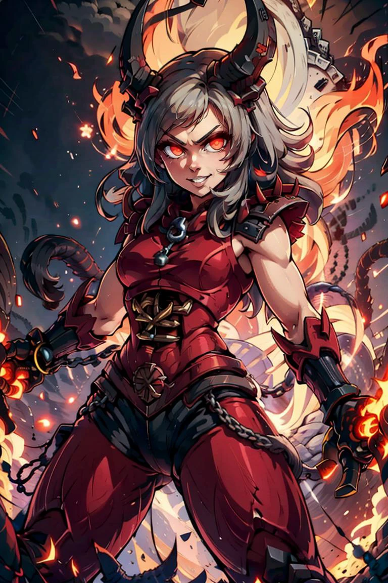 Khorne's daughter,
<lora:Aura_v1:0.6>, Aura, energy, glowing,swirling energy, dynamic pose,
((masterpiece,best quality)),
<lora:Khorne_World:0.7>,
Khorne_World, (skulls), chain, spikes,
1girl, long hair, looking at viewer, smile, smug, teeth, glowing red eyes, horns,
red glow, red theme, fire,
shoulder armor, gauntlets, glowing eyes, pauldrons, full armor, demon,