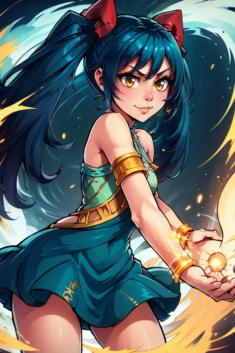 <lora:Aura_v1:0.6>, Aura, energy, glowing,swirling energy, dynamic pose,((masterpiece,best quality)), aawendy, long hair, twintails, hair ornament, bare shoulders, green dress, sleeveless dress, armlet, bracelet, <lora:wendy_marvell_v1:0.7>, cowboy shot, smile,