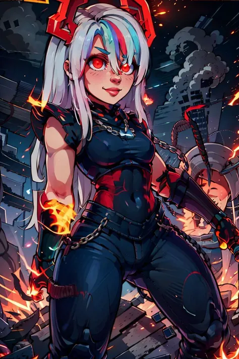Khorne's daughter,
<lora:Aura_v1:0.6>, Aura, energy, glowing,swirling energy, dynamic pose,
((masterpiece,best quality)),
<lora:Khorne_World:0.7>,
Khorne_World, (skulls), chain, spikes,
<lora:Roxy_Citron_OC_AnyLora:0.8>, Roxy_Citron_OC, 1girl, solo, red eyes, white hair, rainbow hair, long hair, streaked hair, hair between eyes, smile,
red glow, red theme, fire,
shoulder armor, gauntlets, glowing eyes, pauldrons, full armor, demon,