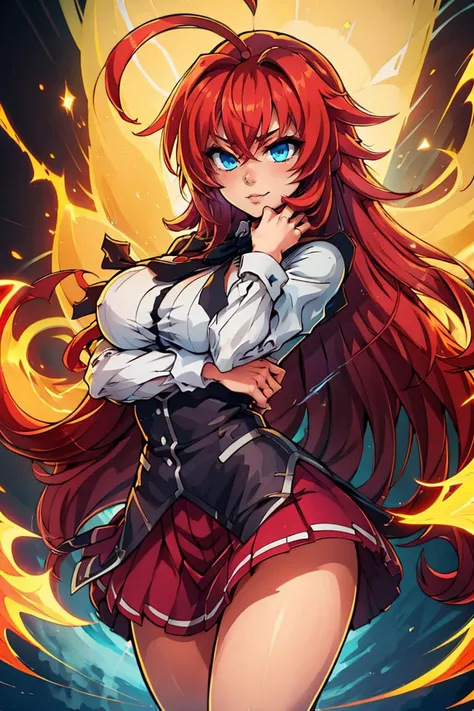 <lora:Aura_v1:0.6>, Aura, energy, glowing,swirling energy, dynamic pose,((masterpiece,best quality)), rias gremory, 1girl, long hair, school uniform, red hair, ahoge, blue eyes, large breasts, very long hair, breasts, skirt, huge ahoge, cowboy shot, <lora:rias_gremory_v2:0.6>