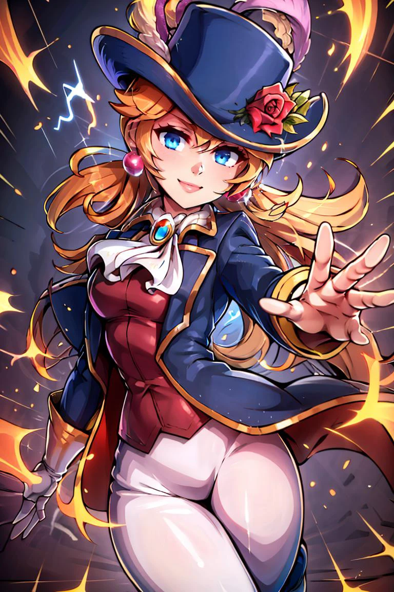 <lora:Aura_v1:0.6>, Aura, energy, glowing,swirling energy, dynamic pose, <lora:ricegnat_style:0.8>,((masterpiece,best quality)), absurdres, <lora:Princess_Peach_Nintendo:0.8>, Swordfighter_Peach, solo, 1girl, hat, blonde hair, blue eyes, jewelry, earrings, long hair, rapier, hat feather, pants, ascot, red rose, hat flower, ponytail, white pants, white gloves, boots, blue jacket, long sleeves, smiling, looking at viewer, cowboy shot,