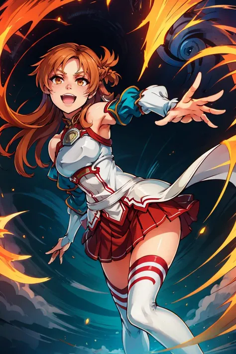 <lora:Aura_v1:0.6>, Aura, energy, glowing,swirling energy, dynamic pose,((masterpiece,best quality)), aaasuna, long hair, brown hair, braid, brown eyes, bare shoulders, armor, breastplate, white sleeves, detached sleeves, red skirt, pleated skirt, white thighhighs, <lora:asuna_(sao)_v1:0.7>, waving, smile, leaning forward, open mouth, town, fantasy,