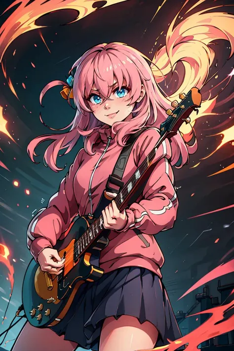 <lora:Aura_v1:0.6>, Aura, energy, glowing,swirling energy, dynamic pose,((masterpiece,best quality)), gotou1, gotou hitori, solo, skirt, pink jacket, track jacket, bangs, hair between eyes, long sleeves, <lora:gotou_hitori_v1:0.7>, stage, holding instrument, guitar, serious, smile