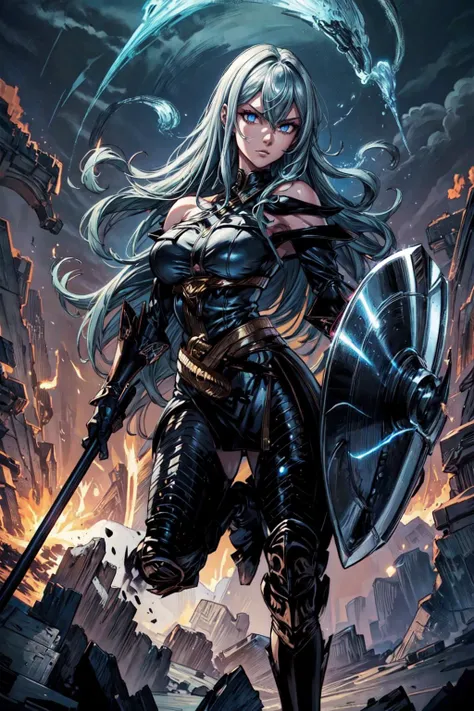 thick outlines, comics, photorealistic, 1girl, solo, big polearm, shield, <lora:Aura_v1:0.4>, aura, blue aura, energy, glowing,swirling energy, <lora:selvaria-nvwls-v1-final:0.8>, selvaria, black shirt, bare shoulders, detached sleeves, belt, black pants, black gloves, high heel boots, detailed background, detailed face, detailed eyes, <lora:add_detail:0.7>