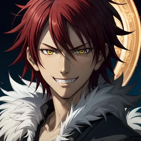 kagura demuri\(aquarion evol\), solo, male, looking at viewer, male focus, yellow eyes, spiked hair, red hair, short hair, grin, face focus<lora:Kagura Demuri_No_commercial_use_is_allowed_LoRA:0.5>