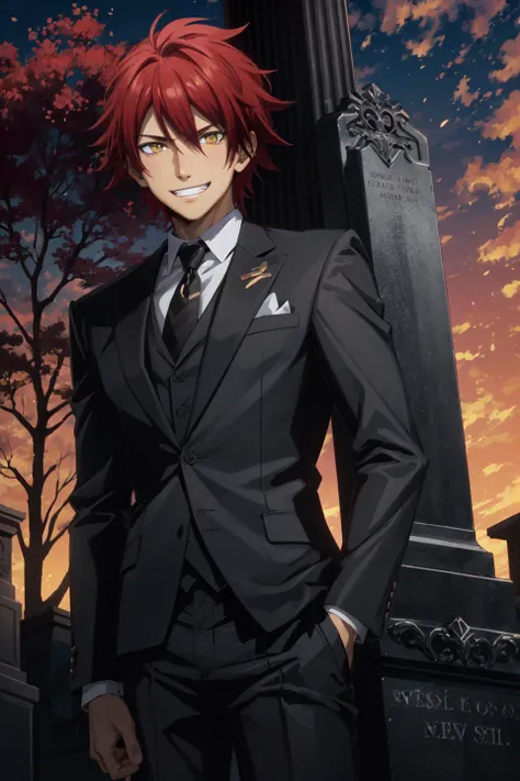 kagura demuri\(aquarion evol\), solo, male, looking at viewer, male focus, yellow eyes, spiked hair, red hair, short hair, hair between eyes, grin, formal, suit, black shirt, 1boy, red sky, tombstone, tree, <lora:Kagura Demuri_No_commercial_use_is_allowed_LoRA:0.5>