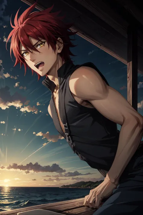 kagura demuri\(aquarion evol\), solo, male, looking at viewer, male focus, yellow eyes, fang, open mouth, red hair, short hair, hair between eyes, blue pants, black shirt, sunset, sea, <lora:Kagura Demuri_No_commercial_use_is_allowed_LoRA:0.5>