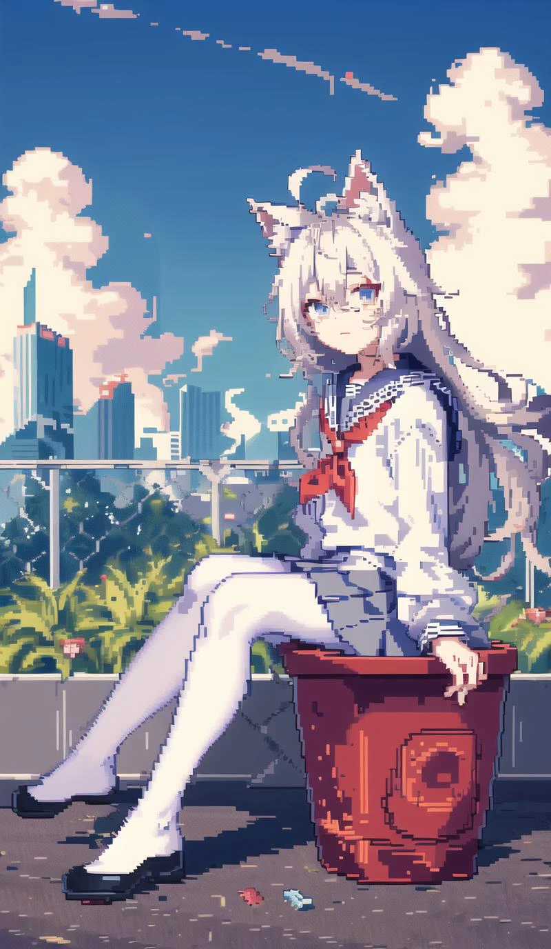 {{cute anime face}}, (best quality),glitch art,(Pixel art),grain,a pixel girl,pixel face,pixel body, solo, skirt, sky, sitting, white pantyhose, cloud,outdoors, neckerchief ,day, bangs, fence, shirt, ahoge, rooftop, long hair, white pantyhose,white hair,beautiful eyes, white skirt, white, animal ears, blue sky,white shirt, looking at viewer, closed mouth,cat ears, chain-link fence, white skirt, cloudy sky, trash can, pleated,no shoes,hight buildings in distance,cityfull body,city in distance,(pixel)
Negative prompt: lowres, bad anatomy, bad hands, text, error, missing fingers, extra digit, fewer digits, cropped, worst quality, low quality, normal quality, jpeg artifacts, signature, watermark, username, blurry,bad feet,EasyNegative
Steps: 35, Sampler: DPM++ 2S a Karras, CFG scale: 7, Seed: 364100734, Size: 448x768, Model hash: e729bb2a94, Model: 自由熔炉73, Denoising strength: 0.52, Clip skip: 2, ENSD: 31337, Version: v1.2.1, Hires upscale: 1.8, Hires upscaler: Latent (nearest)