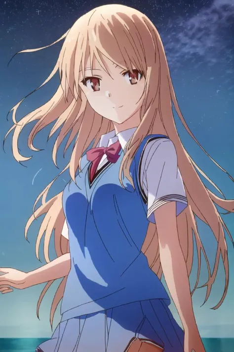 <lora:mashiro-000008:1>,((masterpiece,best quality, detailed)), ultra-detailed, detailed hair, deep shadows, hard rim lighting,((dramatic lighting)),sharp focus, cowboy shot, (1girl:1.2), solo,( long hair:1.3), (floating hair:1.2), (seductive smile:1.1),medium breasts, standing, (looking at viewer:1.2), (sea:1.3),(starry sky:1.3) , (school uniform:1.4)