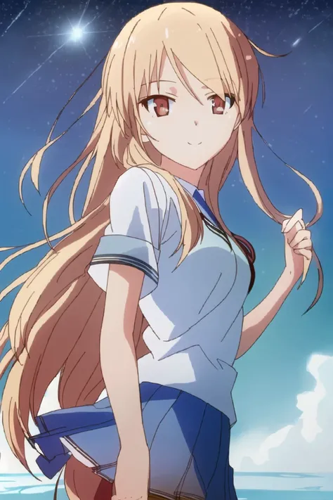 <lora:mashiro-000008:1>,((masterpiece,best quality, detailed)), ultra-detailed, detailed hair, deep shadows, hard rim lighting,((dramatic lighting)),sharp focus, cowboy shot, (1girl:1.2), solo,( long hair:1.3), (floating hair:1.2), (seductive smile:1.1),medium breasts, standing, (looking at viewer:1.2), (sea:1.3),(starry sky:1.3) , (school uniform:1.4)