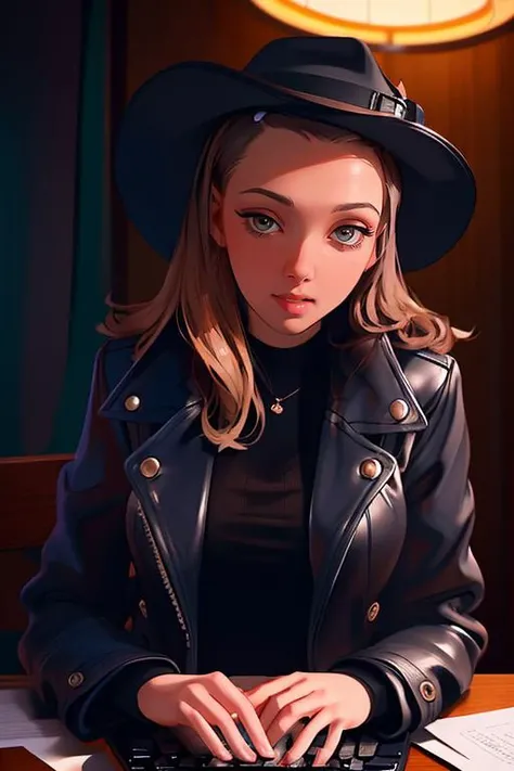 DEN_lucie_wilde,
a 1940s private investigator wearing a trench coat and rimmed hat sitting in a drab dank office at the desk using a typewriter, private investigator, 1940s,
bokeh, f1.4, 40mm, photorealistic, raw, 8k, textured skin, skin pores, intricate details  <lora:epi_noiseoffset2:1>, epiCRealism <lora:ClothingAdjuster3:-1>