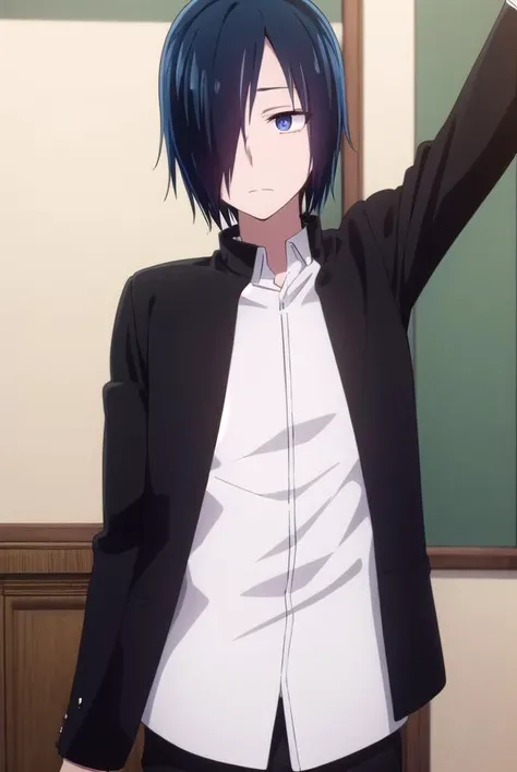 yuuishigami, <lora:yuu ishigami s3-lora-nochekaiser:1>,
yuu ishigami, black hair, blue hair, male focus, (hair over one eye:1.5), (black eyes:1.3),
BREAK shirt, school uniform, jacket, white shirt, open clothes, black jacket, gakuran,
BREAK indoors, classroom,
BREAK looking at viewer, (cowboy shot:1.5),
BREAK <lyco:GoodHands-beta2:1>, (masterpiece:1.2), best quality, high resolution, unity 8k wallpaper, (illustration:0.8), (beautiful detailed eyes:1.6), extremely detailed face, perfect lighting, extremely detailed CG, (perfect hands, perfect anatomy),