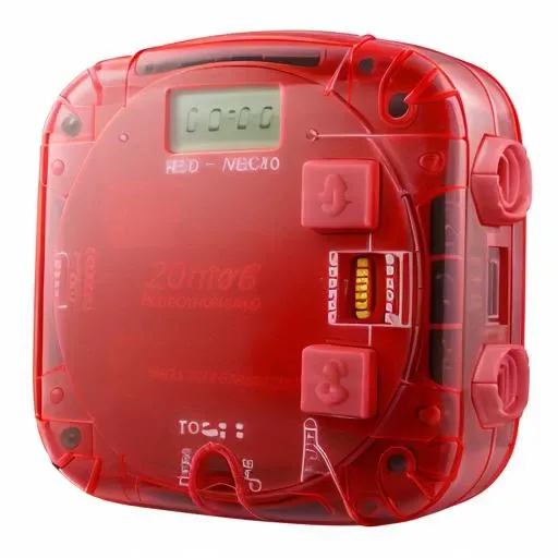 clearcraze <lora:clearcraze:1> photorealistic product shot, high quality, electronic toy, neon red colored translucent case revealing the circuit board