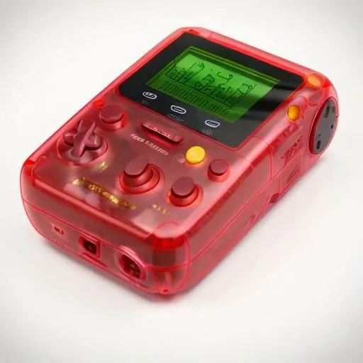 clearcraze <lora:clearcraze:1> photorealistic product shot, high quality, electronic toy, neon red colored translucent case revealing the circuit board