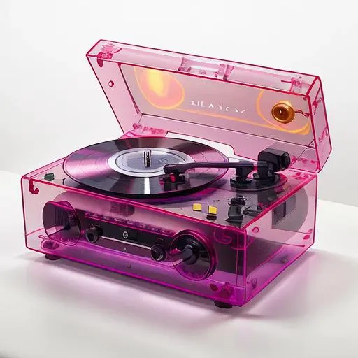 clearcraze <lora:clearcraze:1> photorealistic product shot, high quality, record player, neon colored translucent frosted case