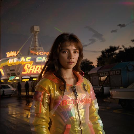 Araffe in a yellow jacket standing in front of a carnival - SeaArt AI