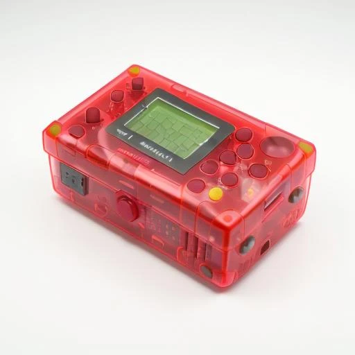 clearcraze <lora:clearcraze:1> photorealistic product shot, high quality, electronic toy, neon red colored translucent case revealing the circuit board