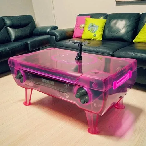 clearcraze <lora:clearcraze:1> gaming console, neon colored translucent case, sitting on a table, living room in the background with 90s style furniture, high detailed