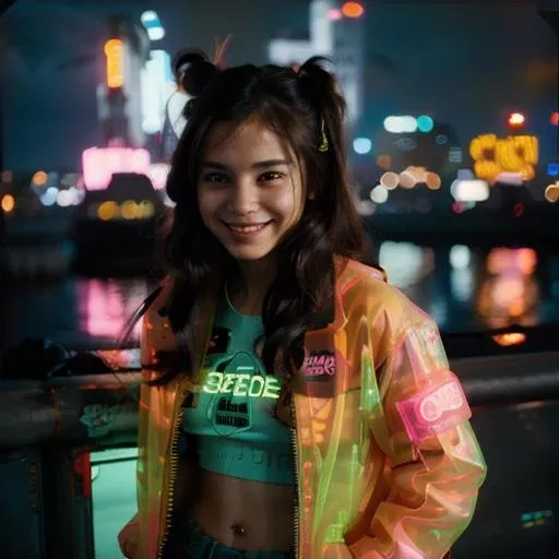 <lora:clearcraze:1> clearcraze, polaroid of a girl, wearing a neon colored translucent jacket revealing a circuit board, smiling, futuristic city in the background, dark, neon lights, 90s