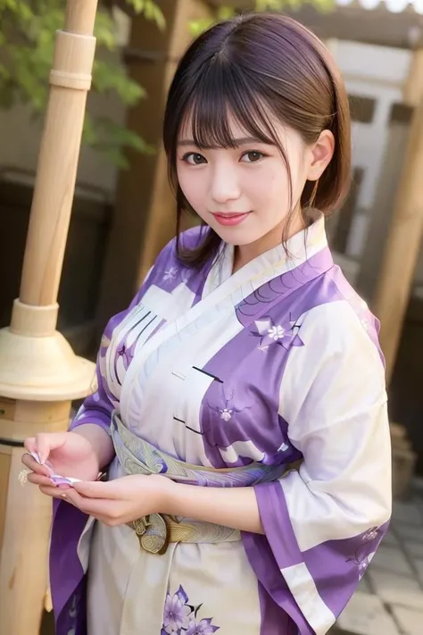 (skin blemish:1.2), (skindentation), black eye, 1woman, 25yo, (((woman))), solo, realistic, best quality, photorealistic, masterpiece, 8k, high res, solo, extremely detailed face, (professional lighting, bokeh), (light particles, lens flare, glowing particles:0.6), (dynamic pose:1.2), soft lighting, top angle view, fashionable and trendy atmosphere, japan, street, tokyo, city, shrine, lantern, matsuri, ((nighttime)), sky, ((looking at the viewer:1)), (looking at the camera),(portrait:0.6), cowboy shot, gorgeous, walking, keep original facial proportion, wide shoulder, full body, (medium breast), (medium hair), brown hair, floating hair, lips, lipstick, seductive smile, floating hair, smile, open_mouth, teeth, (purple Kimono:1.2), yukata, japan traditional clothes, eyelashes, mole, (mole under eye:1), hair bun, <lora:HikariY:0.8>