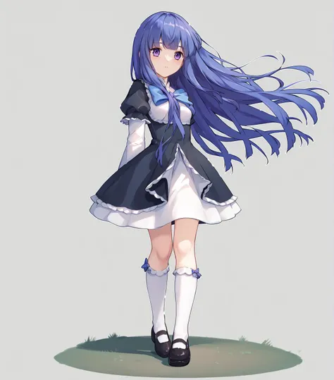 score_9, score_8_up, score_7_up, score_6_up, score_5_up, score_4_up, BREAK, cowboy shot, <lora:sironorav2-12:1>, solo,
<lora:BernCAMENoiise:1>, frederica bernkastel, long hair, blue hair, purple eyes, black dress, frills, blue bow, white socks, mary janes