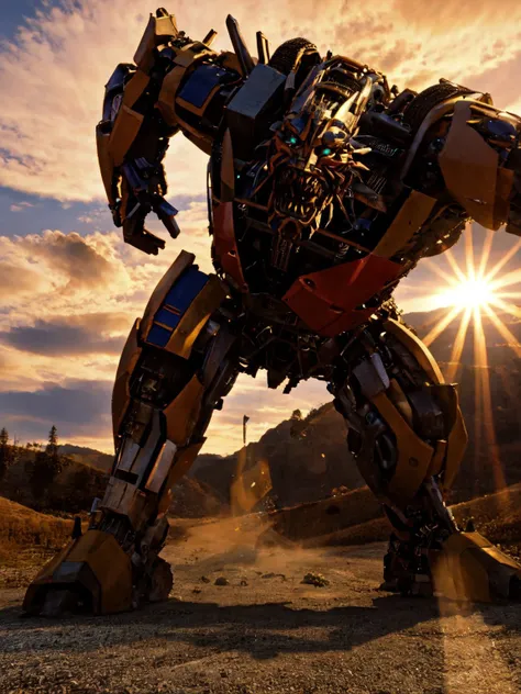 transformerslora, sharp teeth, non-humanoid robot, dinosaur, robot, mecha, full body, robot, mecha, science fiction, explosions, looking at viewer, professional photo ,sunset, aesthetic, natural light, highly detailed, (highly detailed background), detailed textures, wide angle, 8k, HDR, professional photoshoot, high quality photo, realistic photo, realistic shadows, detailed shadows, realistic proportions,film grain, raw photo, (raytracing)\, <lora:TransformersLORA:0.7>