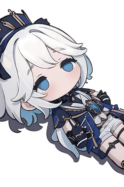 Highly detailed, High Quality, Masterpiece, beautiful, 1girl, QiqiFallen, chibi, on back,<lora:QiqiFallen:1>, Furina, asymmetrical gloves, black gloves, frills, gloves, half gloves, hat, shorts, tailcoat, thigh strap, top hat, white gloves, white shorts, <lora:furina-lora-nochekaiser:1>