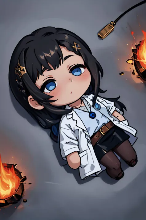 (masterpiece, best quality:1.2), surrounded by (fire:1.1), chibi, solo, 1girl, civitai-chan, qiqifallen, on back, braided bangs, labcoat, shirt, single vertical stripe, black skirt, pencil skirt, pantyhose, necklace, belt <lora:gijinkaseries_civitai-18:0.65> <lora:QiqiFallen:1.05>