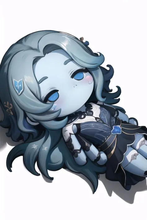 Highly detailed, High Quality, Masterpiece, beautiful, 1girl, QiqiFallen, chibi, on back, <lora:QiqiFallen:1>, Ranni, wavy hair, blue skin, cracked skin, extra arms, dress, <lora:Char_EldenRing_Ranni:0.9>