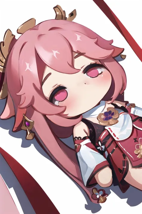 Highly detailed, High Quality, Masterpiece, beautiful, 1girl, QiqiFallen, chibi, on back, <lora:QiqiFallen:1>, yae miko, pink eyes, long hair, pink hair, animal ears, <lora:Char_GenshinImpact_YaeMiko:1>