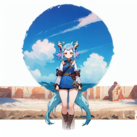 (1girl:1.5), solo, heyra_face, heyra_body, heyra_hairstyle, heyra_horns on forehead, heyra_tail, blue hair, outdoors, standing, <lora:heyrav3-000001:1>